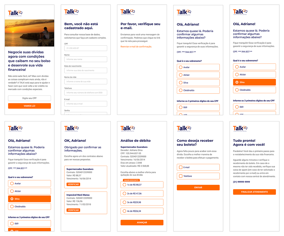 Algumas telas do fluxo da aplicação de negociação na versão mobile